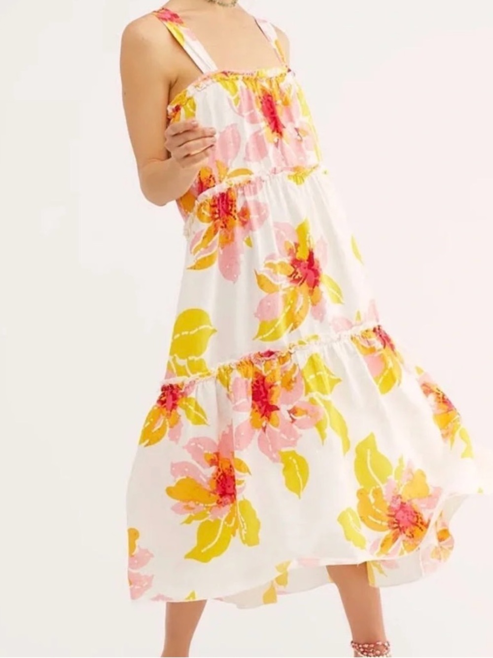 Free People Dress Moonshine Linen Blend White Pastel Floral Midi Tiered  Small - Picture 8 of 8